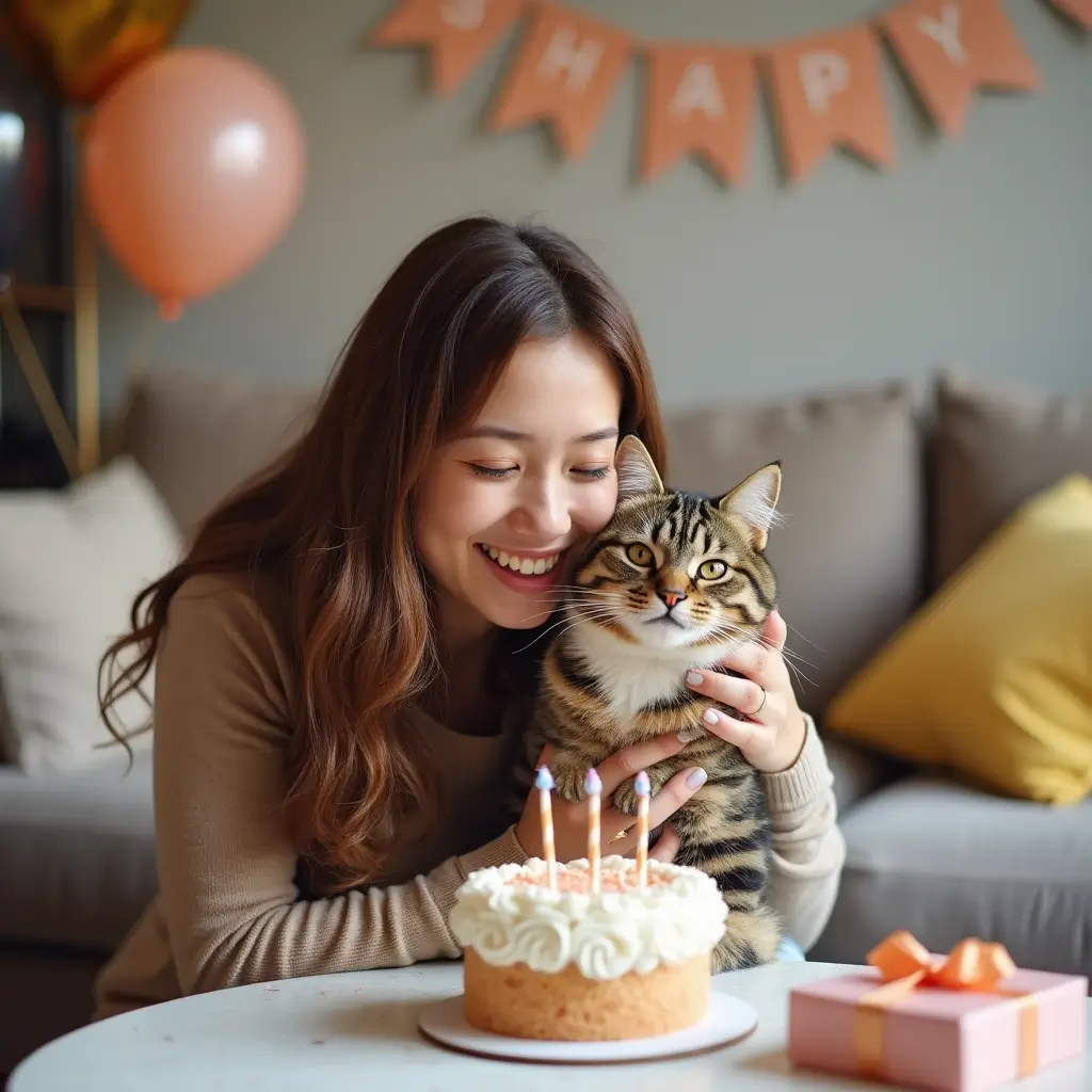 Cat owner cuddling a tabby cat near a table with a birthday cake, balloons, and a 'Happy Birthday' banner in a cozy living room.