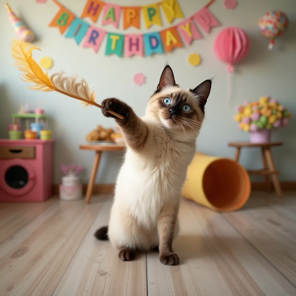 A Siamese cat playing with a feather wand in a festive room decorated with cat treats, a birthday banner, and a cat tunnel