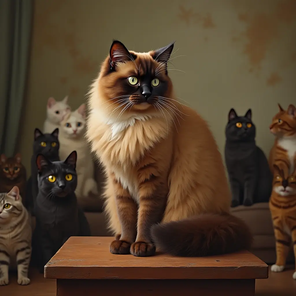 A brown Ragdoll cat on display at a vintage cat show, surrounded by judges and other breeds.