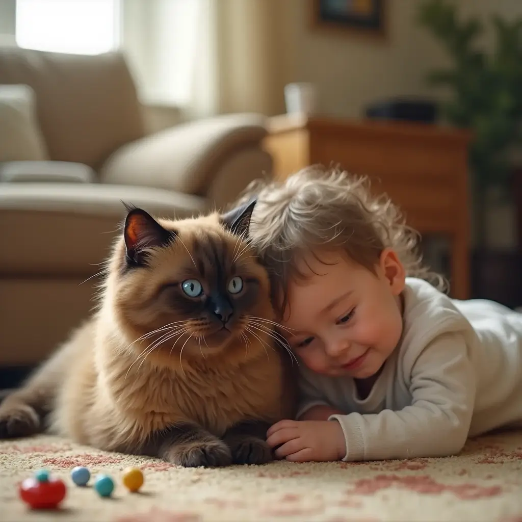 A brown Ragdoll cat lying beside a happy child in a cozy living room.