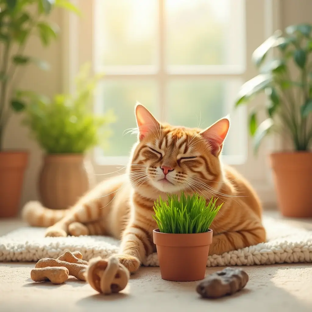 "A cat enjoying a pot of cat grass with chew toys around."