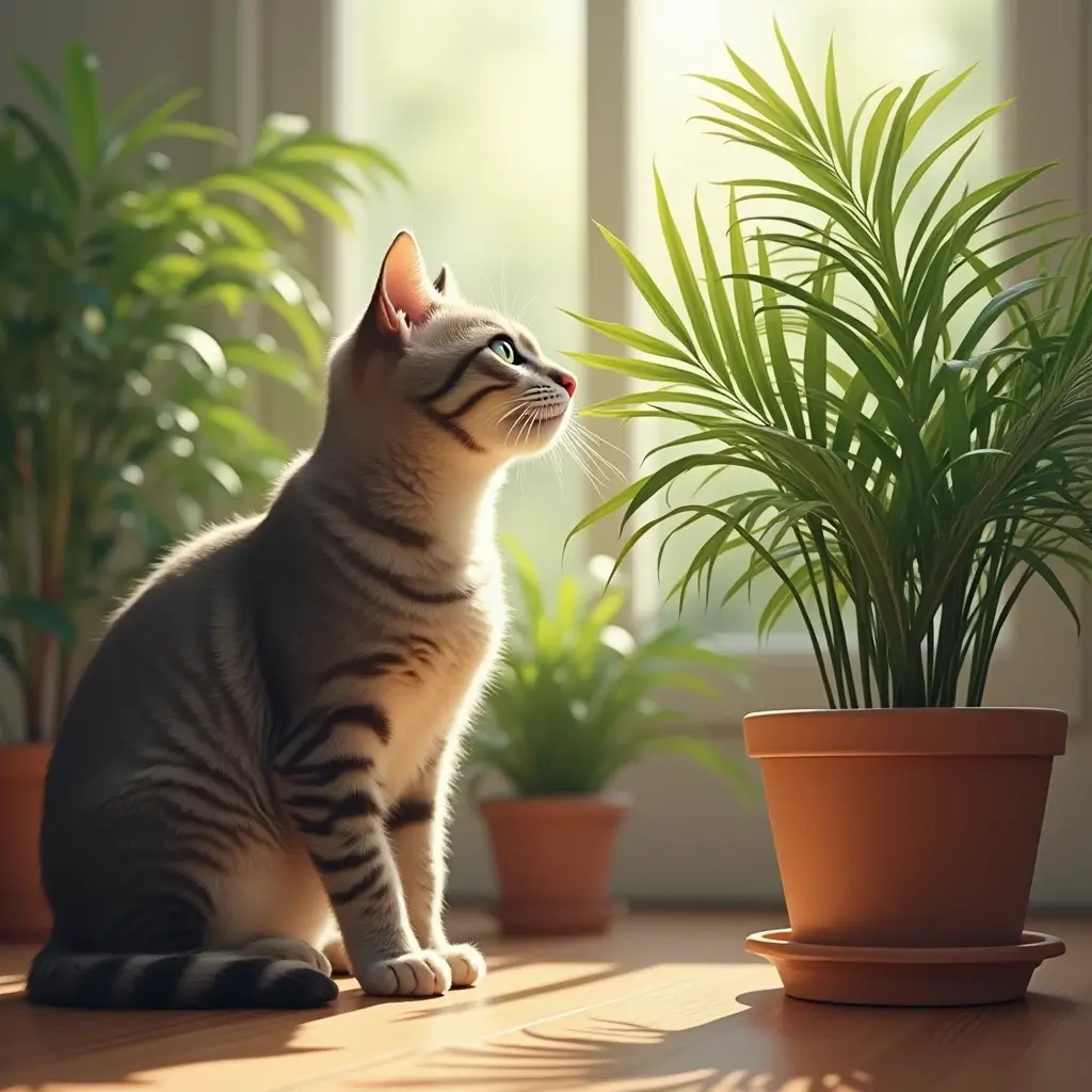 "This image depicts a curious cat sitting beside a palm plant, highlighting its natural curiosity in a warm and inviting living space."