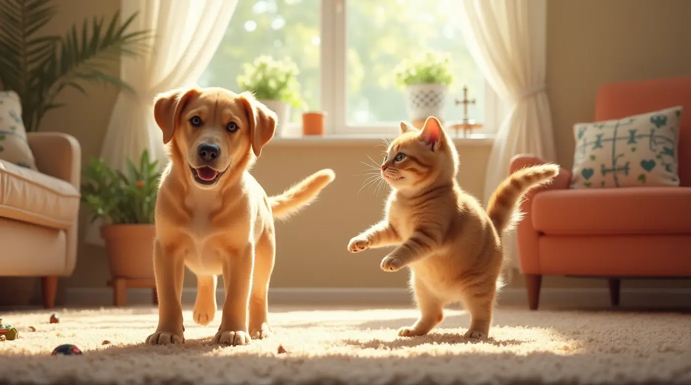 Medium-sized Labrador dog and fluffy domestic cat playing together in a sunny living room.