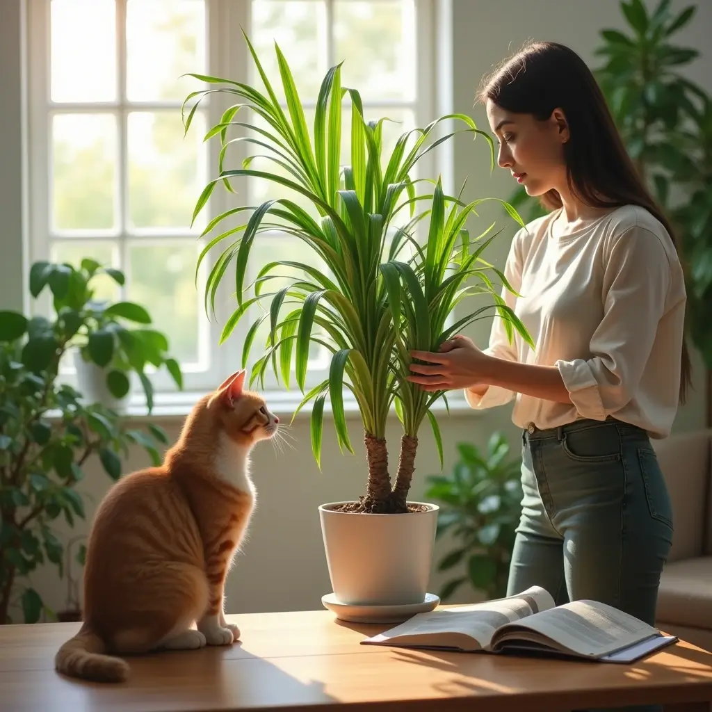 "A person inspecting a palm plant to assess its safety for pets."