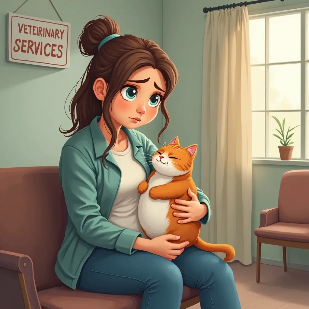Cat owner waiting with pregnant cat in a veterinary clinic.