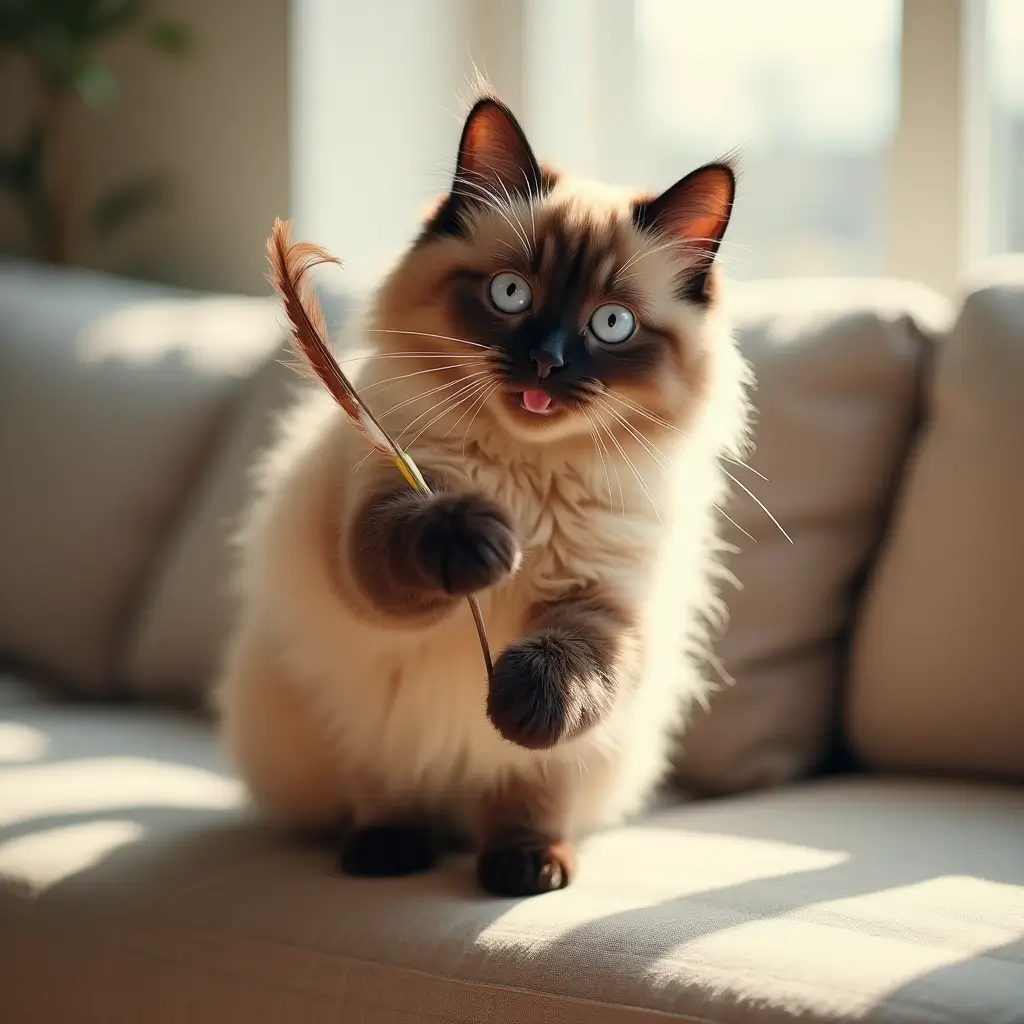A playful brown Ragdoll cat with blue eyes engaging with a feather toy in a sunny living room.