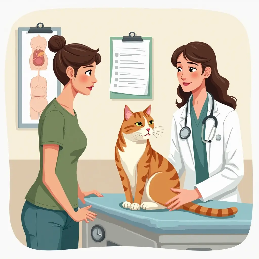 Cat owner discussing pregnant cat's health with veterinarian in a clinic."