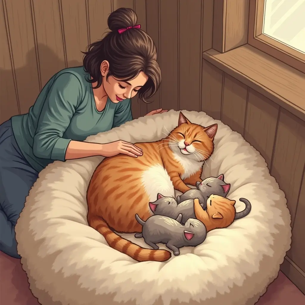 Pregnant cat giving birth in a cozy nesting area with owner nearby.