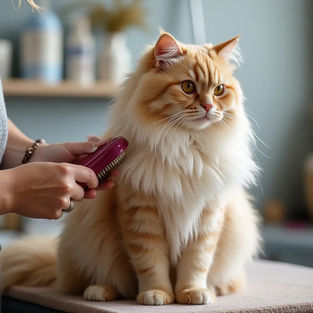 An owner grooming a relaxed British Longhair cat with a slicker brush in a bright room.