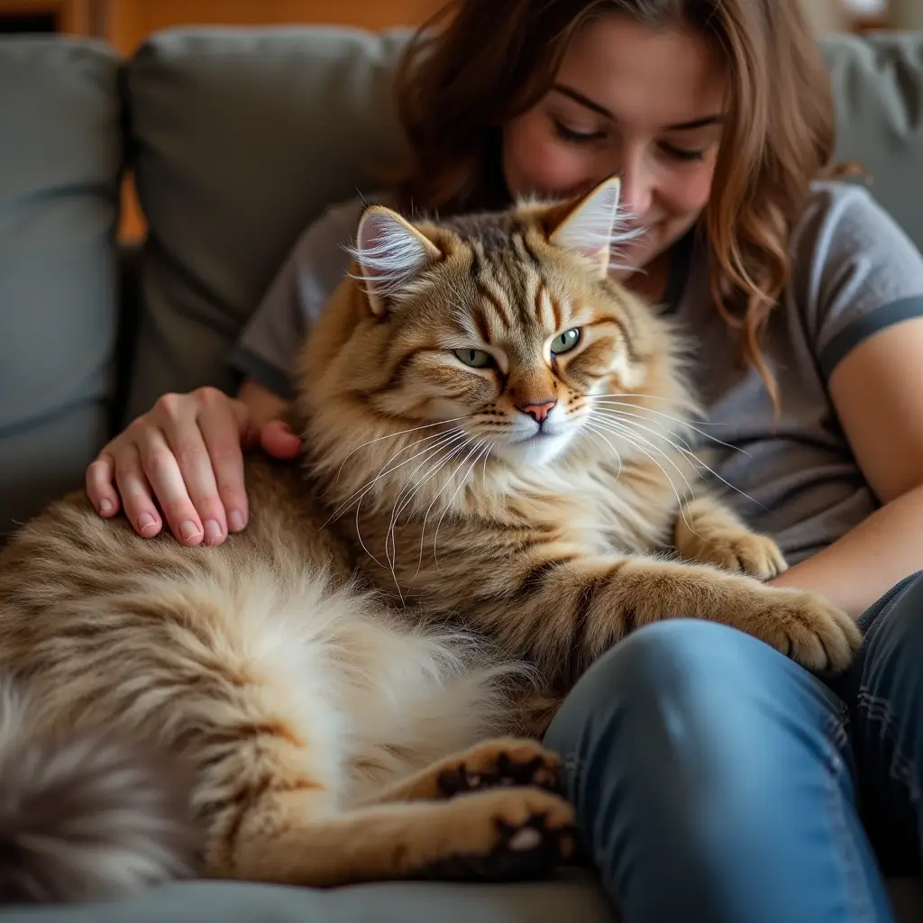 A British Longhair cat cuddling with a person on the couch, illustrating companionship and joy.