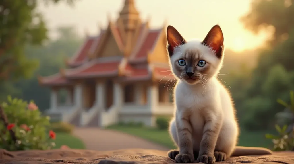 Lilac Point Siamese Kitten in Front of a Thai Temple
