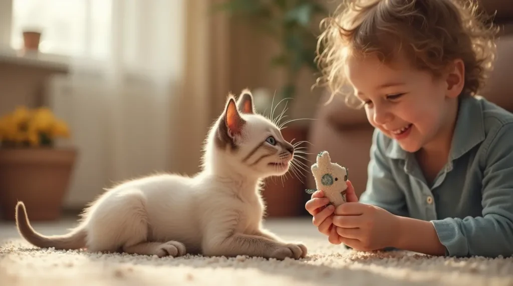 Affectionate Bond Between a Lilac Point Siamese Kitten and Child