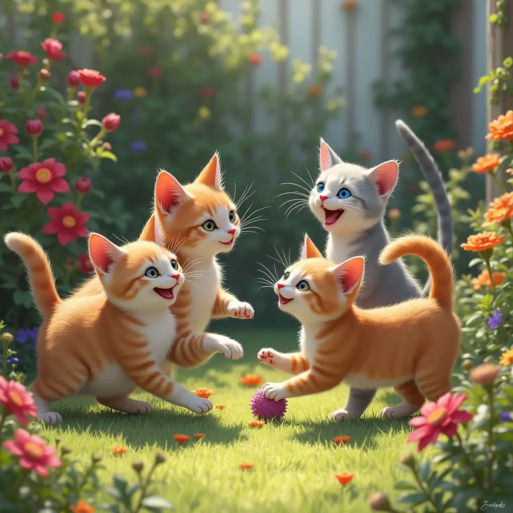 A group of cross eyed cats playing together in a sunny backyard.