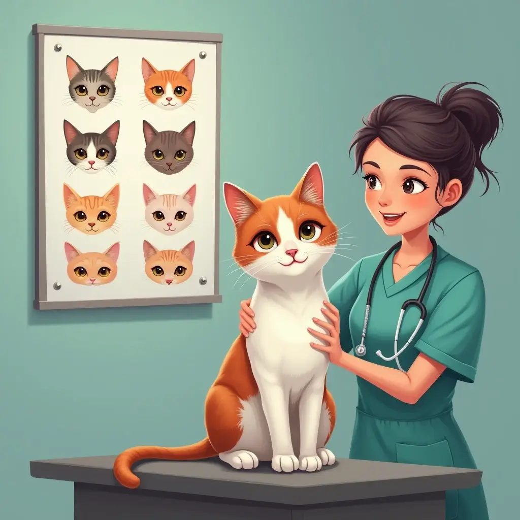 A veterinarian examining a cross eyed cat in a clinic setting.