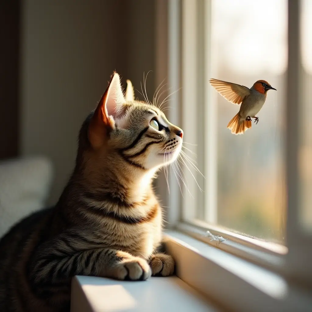 Curious tabby cat on a windowsill watching a bird outside.