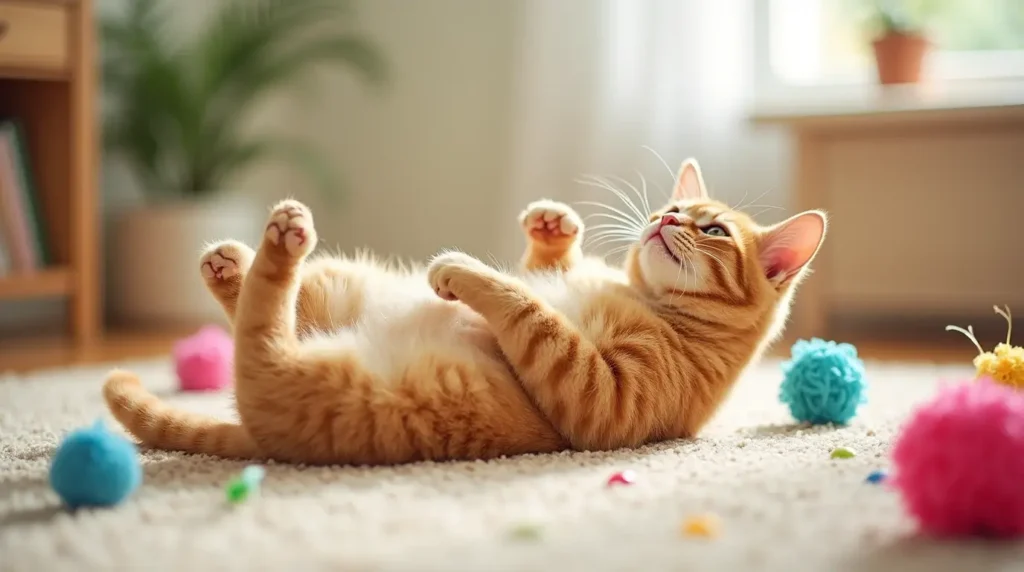 Playful orange cat rolling on a carpet with toys around.