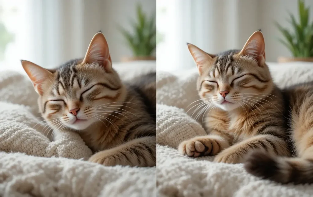 A split image of a cat in light sleep and deep sleep phases.