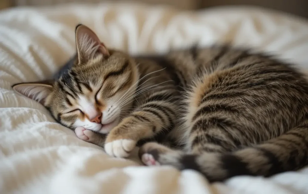 A sleeping tabby cat jerking its paw slightly while curled up in a bed.