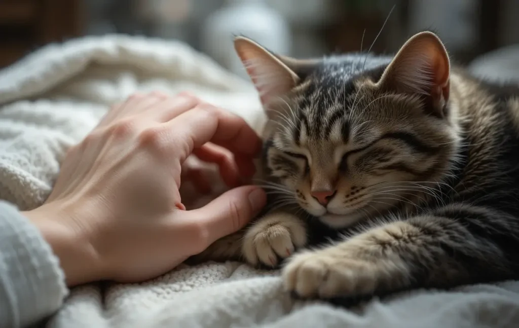 A cat sleeping peacefully with a human hand resting nearby for comfort.