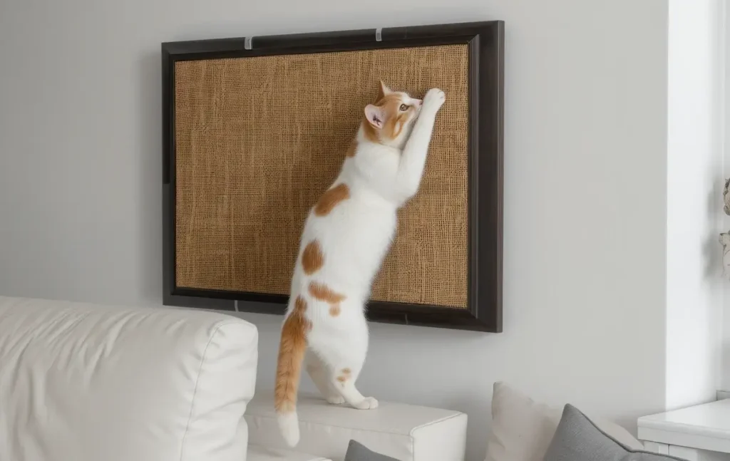 A variety of stylish cat wall scratchers mounted in modern homes.