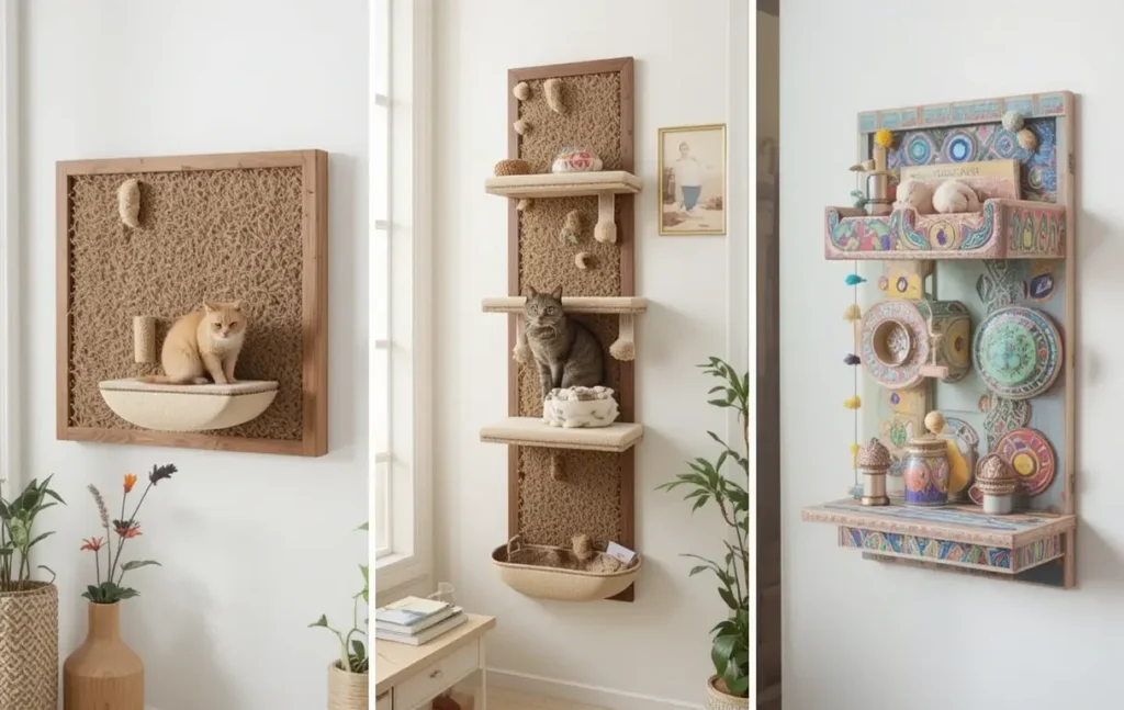 Cat being trained with a toy and treat near a wall scratcher.