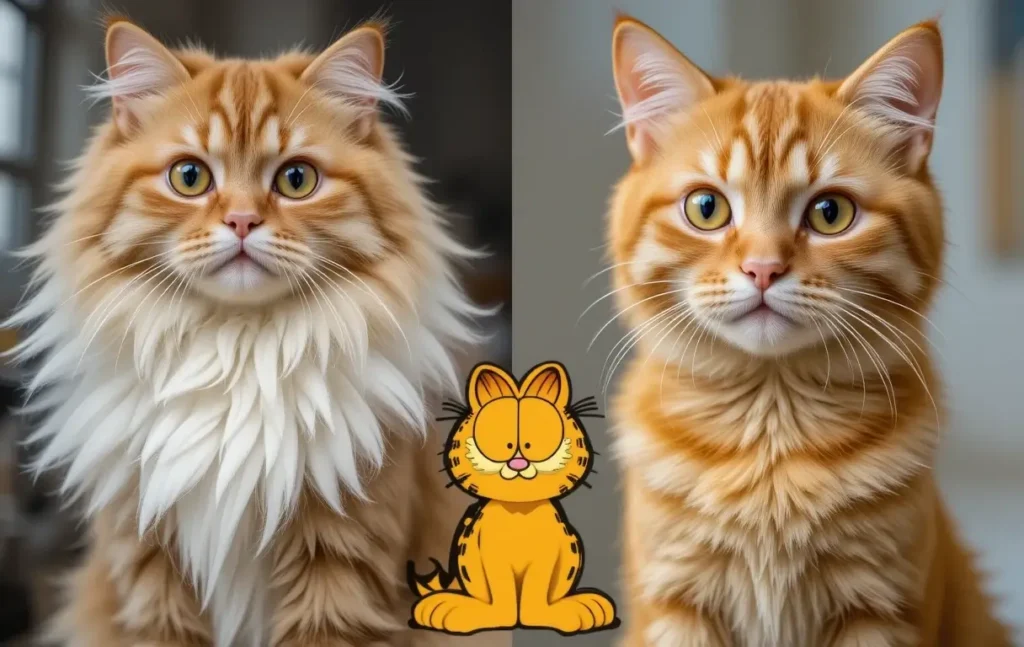 Side-by-side of Persian cat and orange tabby cat showing resemblance to Garfield