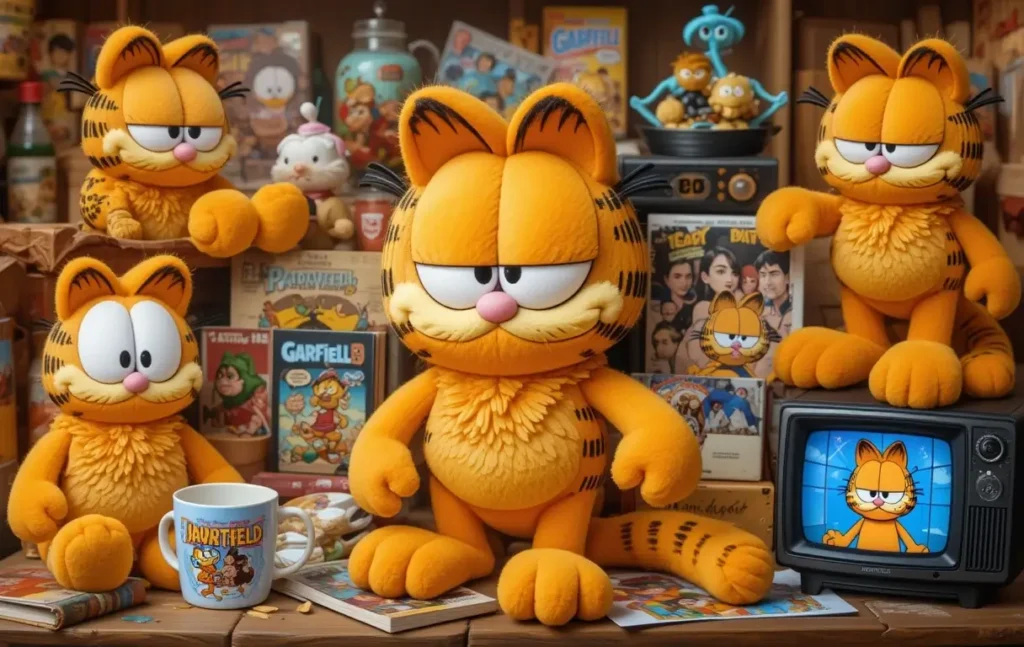 Garfield merchandise collection with comics, mugs, toys, and cartoons